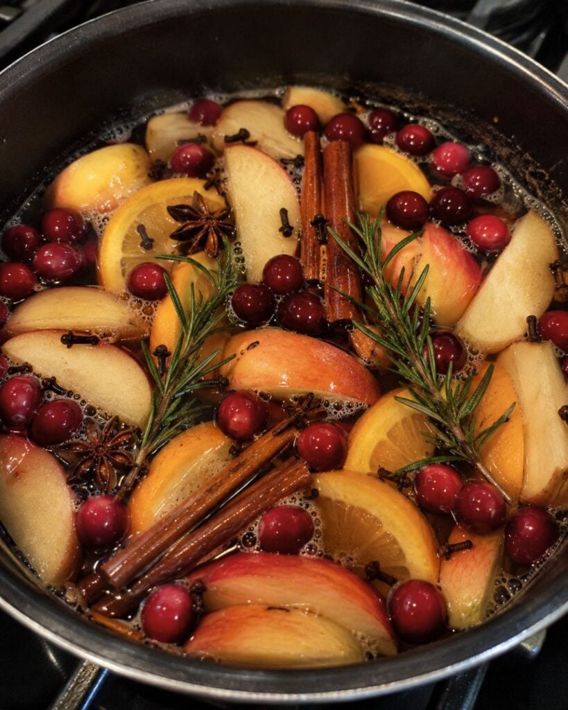 A fall simmer pot sits on the stovetop, filled with apple slices, cranberries, orange slices, cinnamon sticks, cloves, star anise, and rosemary gently infusing the air with cozy autumn aromas.