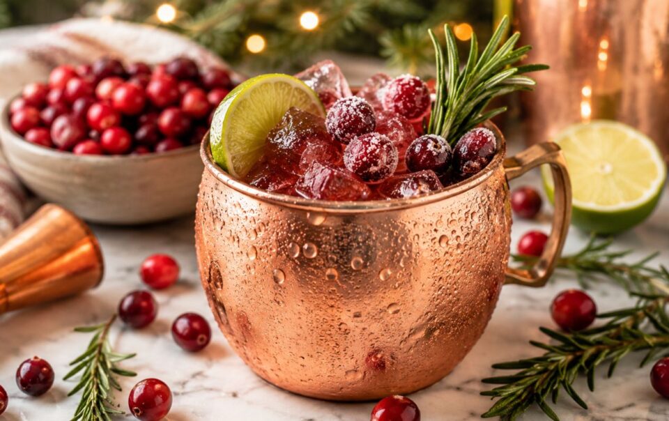 A copper mug filled with a cranberry cocktail, ice, sugared cranberries, a lime wedge, and a rosemary sprig. Cranberries, rosemary, and a bowl of cranberries are on the marble surface nearby.