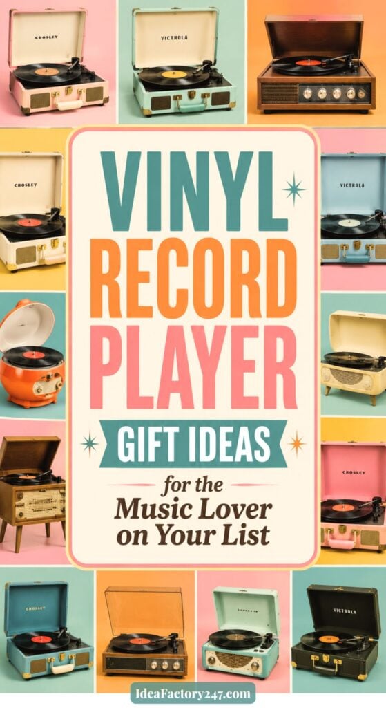 A colorful collage of vintage record players surrounds the text: Vinyl Record Player Gift Ideas for the Music Lover on Your List..