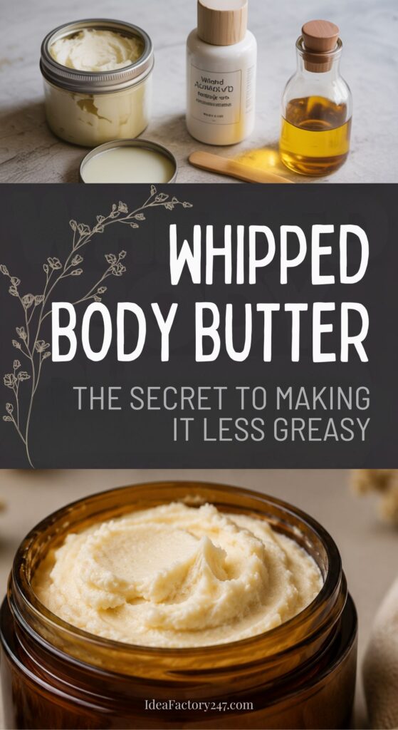 Various jars and bottles of body butter, oils, and ingredients are shown, with text reading Whipped Body Butter: The secret to making it less greasy. A close-up of whipped body butter appears at the bottom.