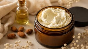 An open jar of creamy body butter sits next to a bottle of oil, whole almonds, and dried flowers on a beige surface. The jar lid is off, and cozy fabric is in the background.