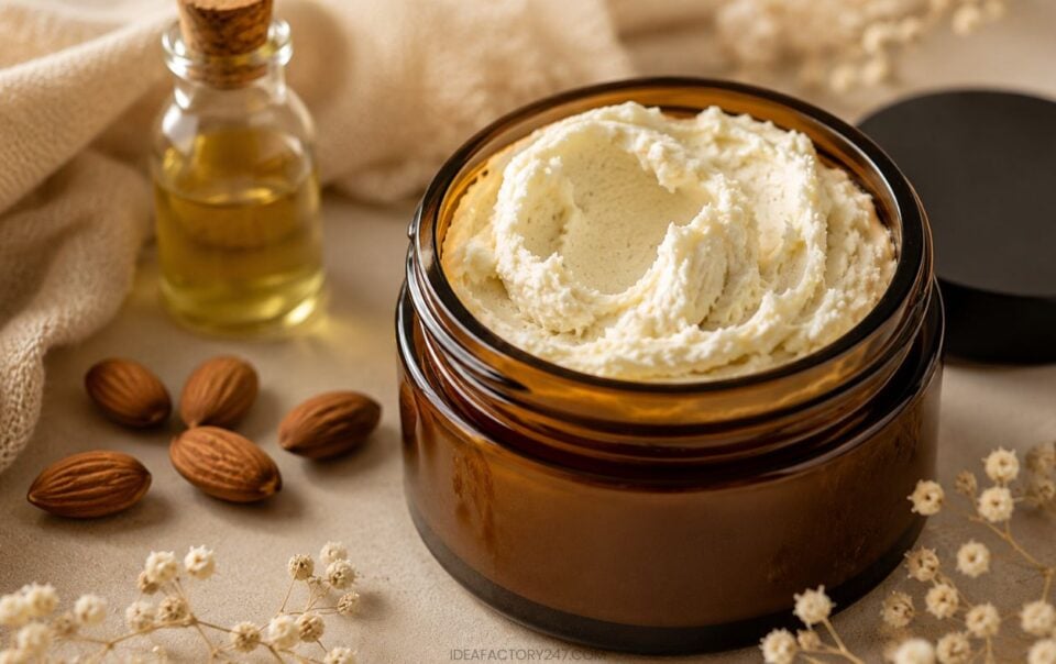 An open jar of creamy body butter sits next to a bottle of oil, whole almonds, and dried flowers on a beige surface. The jar lid is off, and cozy fabric is in the background.