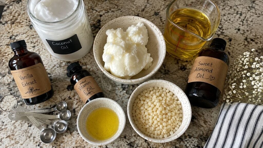 Bowls and bottles of coconut oil, shea butter, sweet almond oil, vanilla extract, vitamin E oil, beeswax pellets, and measuring spoons arranged on a granite countertop.