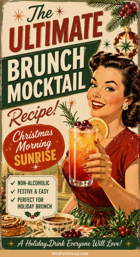 A retro-style poster shows a smiling woman holding a festive mocktail with cranberries and an orange slice. Text promotes a non-alcoholic Sunrise Mocktail Recipe for Christmas morning, highlighting its holiday appeal.