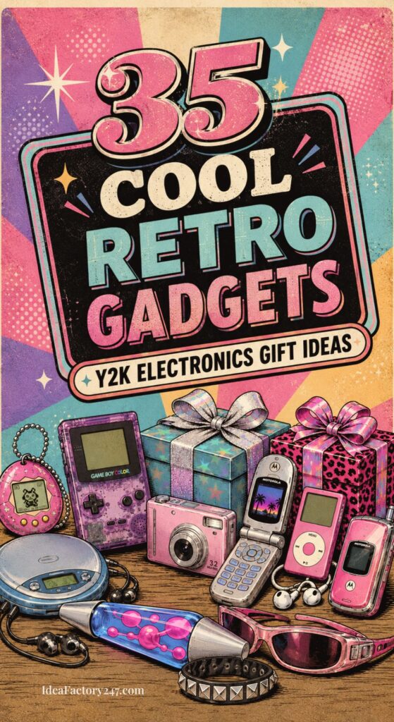 Colorful poster featuring 35 Cool Retro Gadgets: Y2K Electronics Gift Ideas, showcasing vibrant illustrations of retro gadgets like Tamagotchi, iPods, flip phones, a Game Boy, and early digital cameras on a bold and lively background.