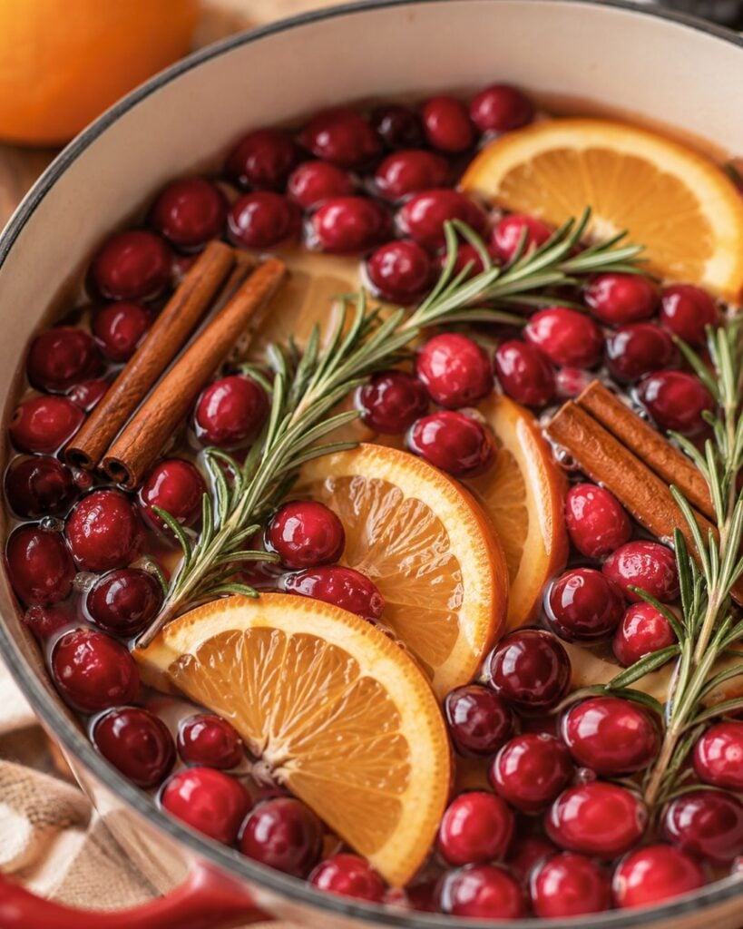 A fall swimmer pot filled with fresh cranberries, orange slices, cinnamon sticks, and rosemary sprigs is beautifully submerged in liquid.
