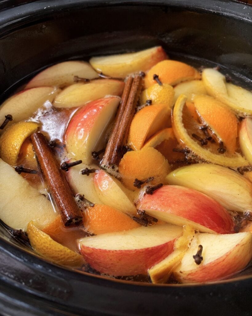 Apple and orange slices, cinnamon sticks, and cloves simmer in a slow cooker pot filled with liquid, likely for making a warm spiced drink or potpourri—perfect for any fall swimmer seeking cozy comfort after a dip.