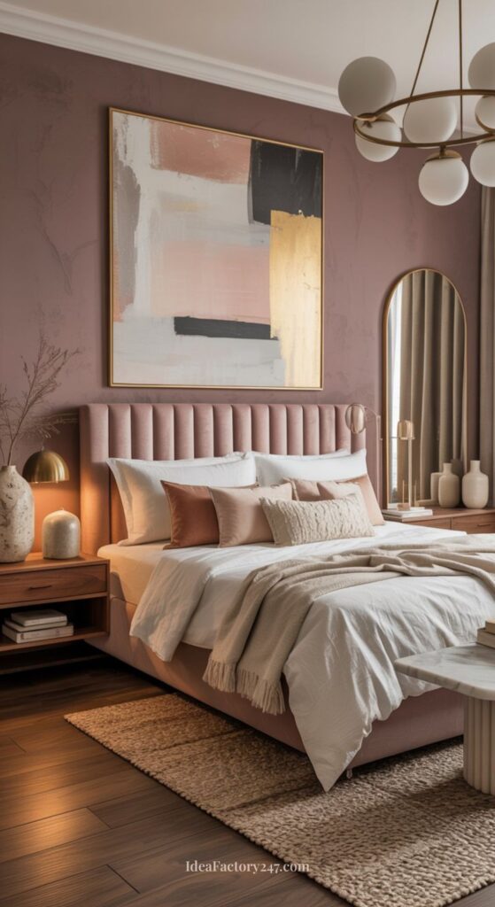 Elegant pink boho bedroom with mauve walls, a large abstract painting above a tufted bed, white and beige bedding, wooden nightstands with lamps, a round mirror, and cozy decor accents.