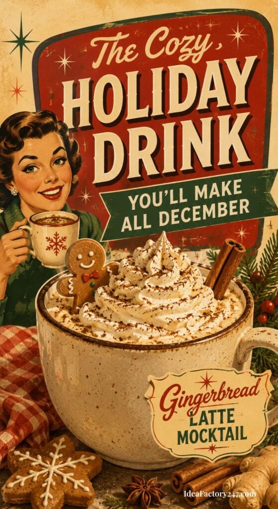 A retro-style poster shows a smiling woman holding a mug. A large mug of gingerbread latte topped with whipped cream and a gingerbread cookie is featured, with festive text promoting a cozy holiday drink for December. Discover the Gingerbread Latte Mocktail Recipe and bring home the warmth of the season.