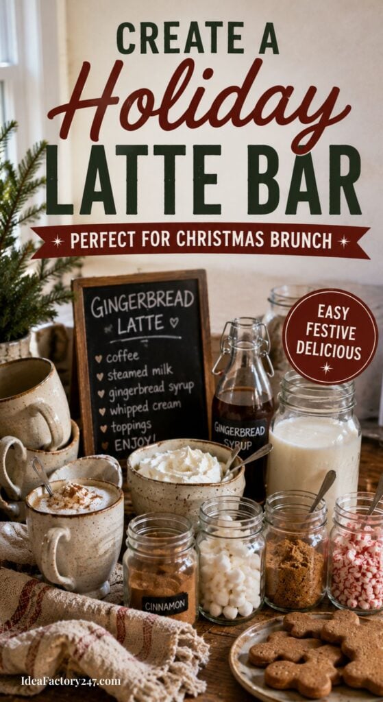 A rustic holiday latte bar setup with mugs, whipped cream, gingerbread syrup, toppings, cinnamon, and cookies is surrounded by festive decor and a chalkboard featuring the Gingerbread Latte Mocktail Recipe for a warm and inviting seasonal touch.