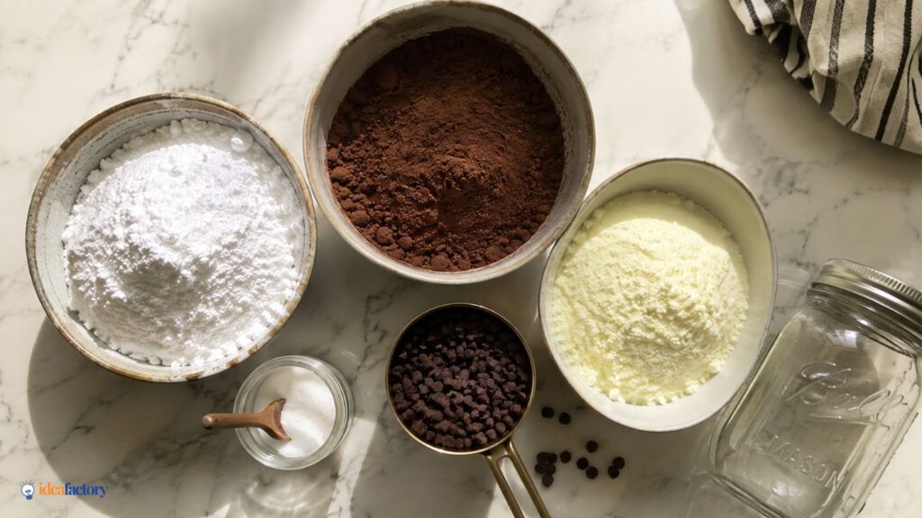 Five bowls with powdery ingredients—powdered sugar, cocoa, powdered milk, and chocolate chips—for making Homemade Hot Cocoa sit on a marble countertop next to an empty mason jar and a striped towel.