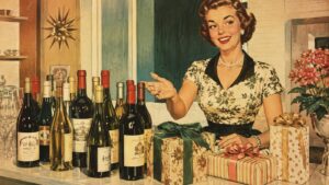 A smiling woman in a floral dress stands by a counter with wine bottles and wrapped gifts, gesturing with one hand. The setting appears retro, with a decorated interior and bright atmosphere—an inviting scene that inspires hostess gift ideas for any cheerful gathering.