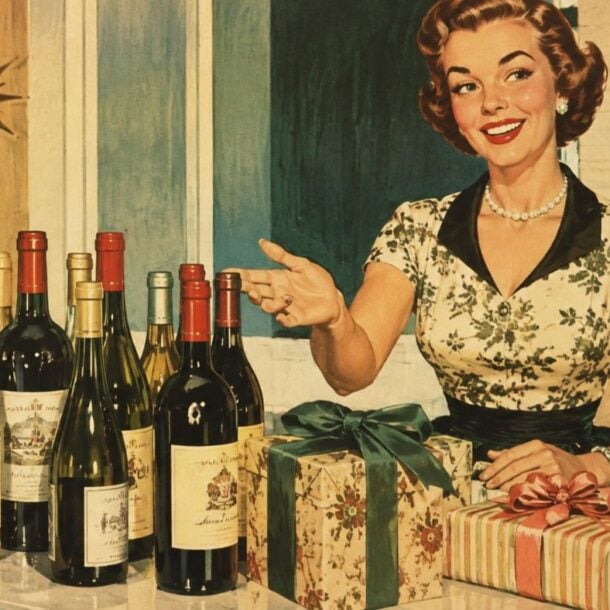 A smiling woman in a floral dress stands by a counter with wine bottles and wrapped gifts, gesturing with one hand. The setting appears retro, with a decorated interior and bright atmosphere—an inviting scene that inspires hostess gift ideas for any cheerful gathering.