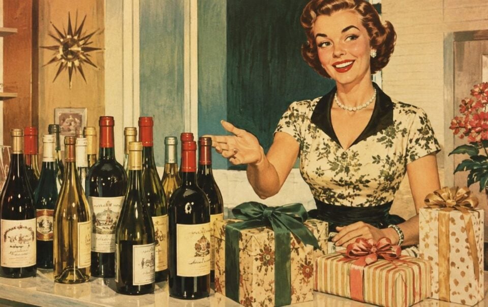 A smiling woman in a floral dress stands by a counter with wine bottles and wrapped gifts, gesturing with one hand. The setting appears retro, with a decorated interior and bright atmosphere—an inviting scene that inspires hostess gift ideas for any cheerful gathering.