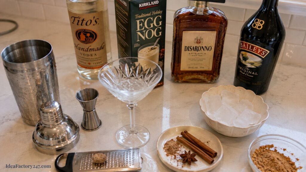 Cocktail ingredients and tools on a counter: vodka, eggnog, Disaronno, Baileys, a martini glass, shaker, jigger, bowl of ice, and small plates with nutmeg, grated spices, and cinnamon sticks—all the essentials you need for a festive Eggnog Martini Recipe.