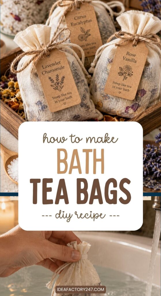 A wooden tray with labeled bath tea bags is displayed, while a hand dips one of the bath tea bags into a bathtub. Text reads: How to make bath tea bags DIY recipe.