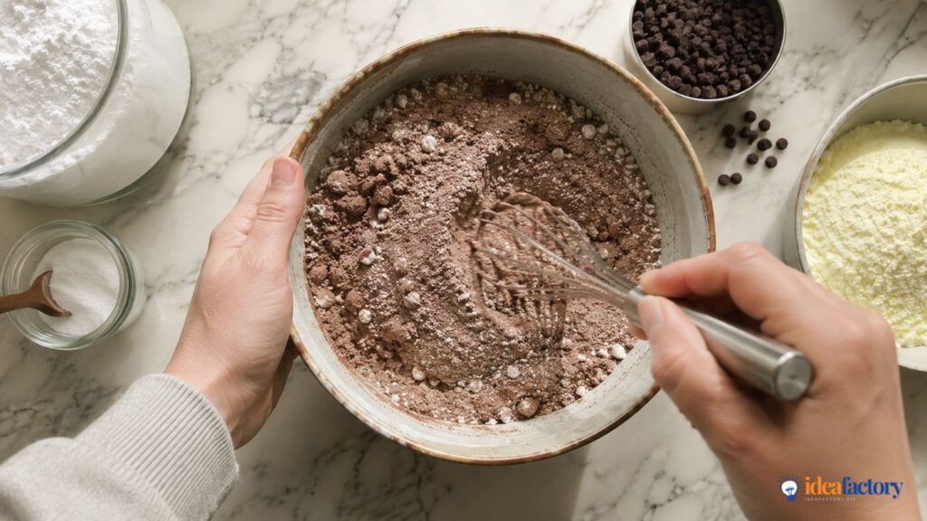 A person whisks a cocoa powder and flour mix in a bowl on a marble counter, surrounded by baking ingredients such as sugar, chocolate chips, and powdered milk—perfect for preparing homemade hot cocoa.