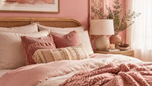 A cozy pink boho bedroom featuring a rattan headboard, pink and cream pillows, a pink comforter, a bedside table with a lamp, vase with greenery, candles, and sunlight streaming through sheer curtains.