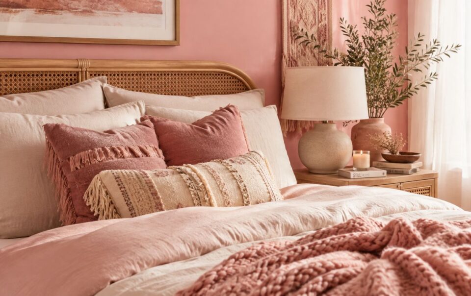 A cozy pink boho bedroom featuring a rattan headboard, pink and cream pillows, a pink comforter, a bedside table with a lamp, vase with greenery, candles, and sunlight streaming through sheer curtains.