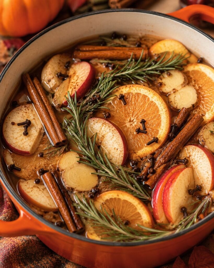 A pot filled with sliced apples, oranges, ginger, rosemary, cinnamon sticks, and cloves in water creates a colorful and aromatic fall simmer pot.