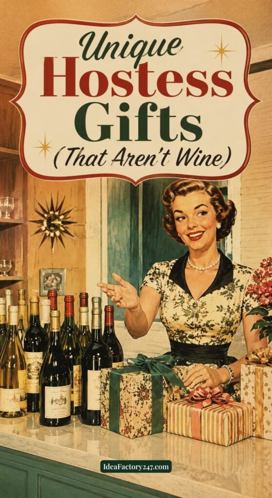 Vintage-style ad showing a woman in a dress standing by a counter with wrapped gifts and bottles, smiling, with text: Unique Hostess Gift Ideas (That Aren’t Wine).