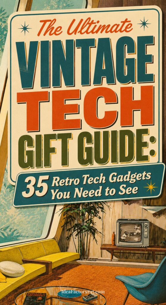 Retro-style poster reads: The Ultimate Vintage Tech Gift Guide: 35 Retro Gadgets You Need to See. Image includes a vintage TV, record player, and mid-century furniture in a colorful living room.