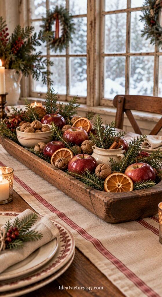 A rustic holiday table centerpiece features red apples, walnuts, dried orange slices, and pine sprigs in a wooden tray. Candles, plates, and a snowy window create a cozy, festive atmosphere.