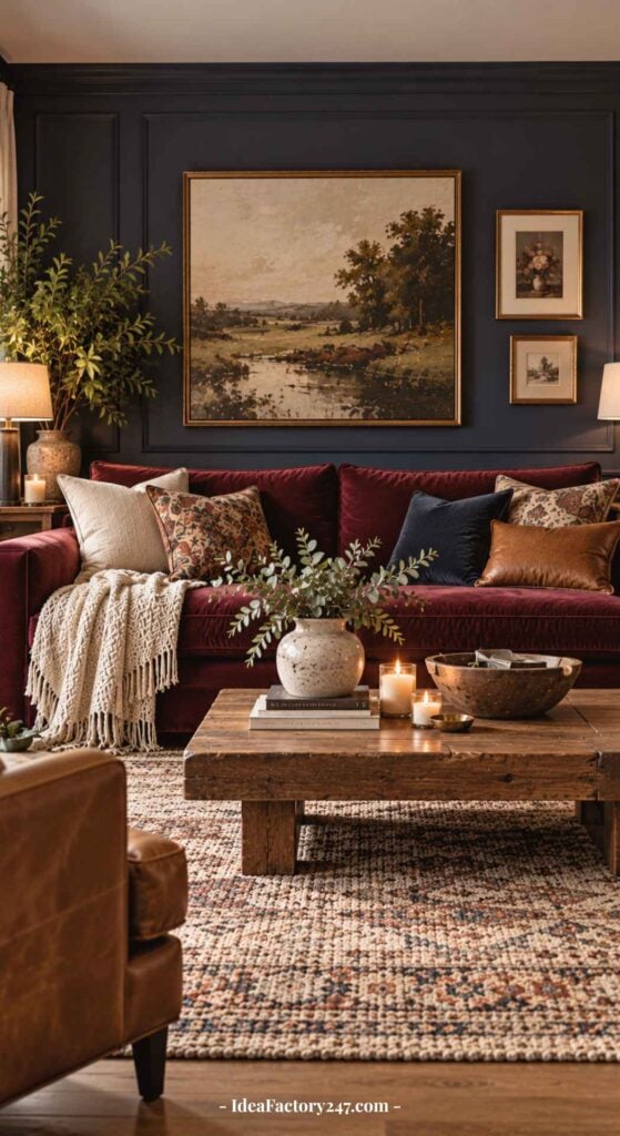 Cozy burgundy sofa living room with patterned pillows, a throw blanket, wooden coffee table adorned with candles and bowls, a rug, and landscape artwork on dark walls. Warm lighting adds a welcoming feel.