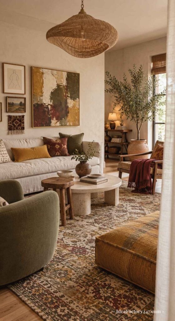 Warm, cozy living room with a neutral sofa, green chair, patterned rug, abstract art, wooden tables, potted plant, wicker pendant light, and soft natural light through a window. Earthy tones and textured decor create a relaxed vibe.