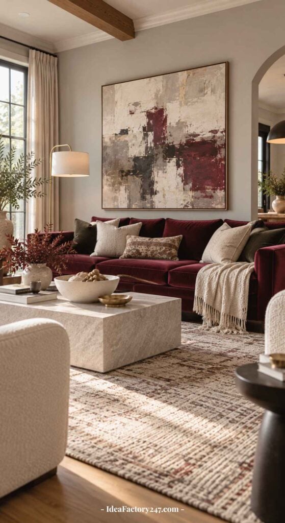 Modern burgundy sofa living room featuring a velvet sofa, abstract art, neutral armchairs, a stone coffee table, and cozy decor. Large windows let in natural light, highlighting earthy tones and textures.