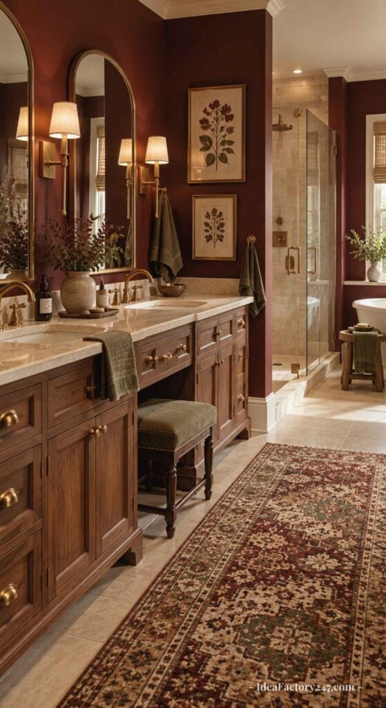 Elegant bathroom with dark wood cabinets, double sinks, brass fixtures, a floral rug, wall sconces, framed botanical prints, and a glass shower. Warm lighting and deep red walls create a cozy, inviting atmosphere.