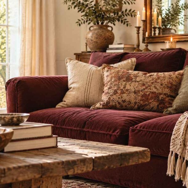 A cozy burgundy sofa living room features assorted pillows, a throw blanket, a rustic wooden coffee table, potted plants, candles, and soft natural light streaming through French doors.