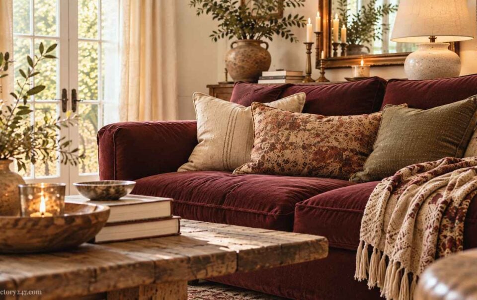 A cozy burgundy sofa living room features assorted pillows, a throw blanket, a rustic wooden coffee table, potted plants, candles, and soft natural light streaming through French doors.