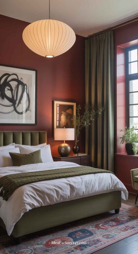 A cozy bedroom with dark red walls, a green upholstered bed, white bedding, modern art, a round paper ceiling lamp, green curtains, and a window letting in natural light.
