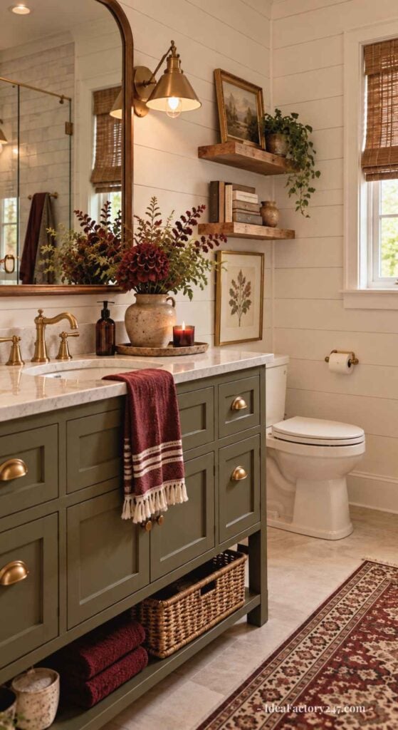 A cozy bathroom with a green vanity, gold fixtures, a large mirror, shelves with plants and decor, and a patterned burgundy towel. Natural light streams through a window with a bamboo shade.