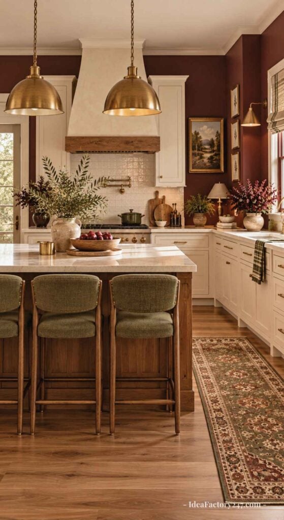 A warm kitchen with white cabinets, gold pendant lights, a large island with green chairs, hardwood floors, a patterned rug, plants, and framed art on plum-colored walls. Sunlight streams through a window.