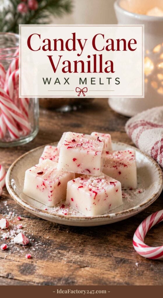 A plate of white christmas wax melts with red candy cane pieces sits on a wooden table, surrounded by loose candy canes, a towel, and festive holiday decor. The text reads Candy Cane Vanilla Wax Melts.