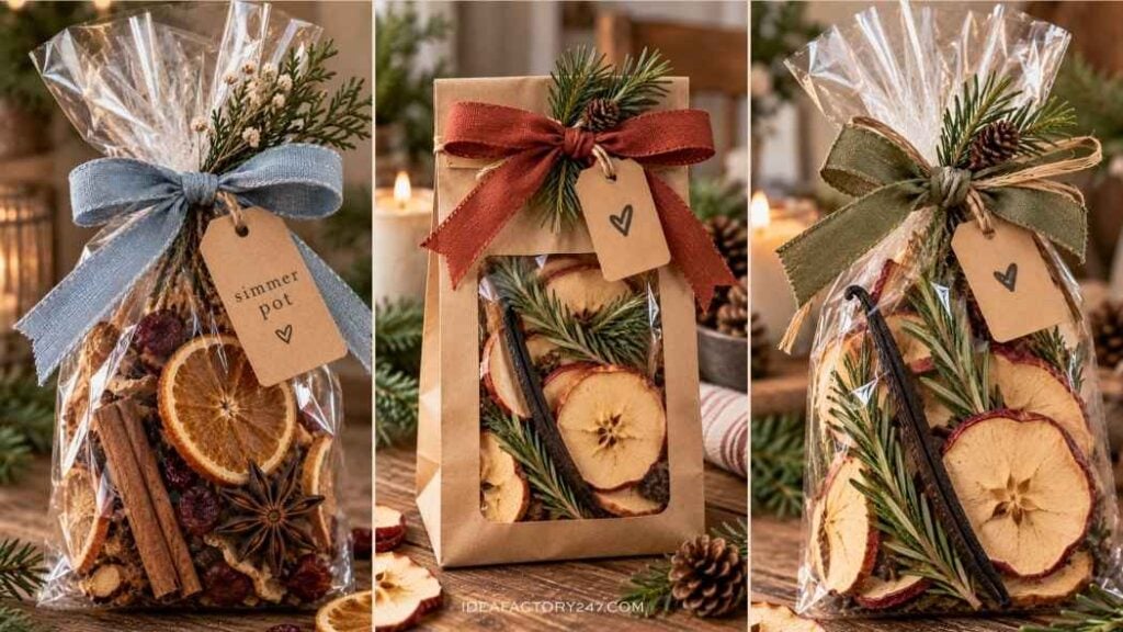 Three gift packages of dried fruit, cinnamon sticks, and herbs—perfect simmer pot gift ideas—are tied with rustic ribbons and tags, sitting among pine branches and pinecones on a wooden table.
