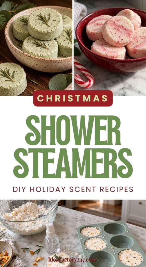 Collage showing homemade Christmas shower steamers in green and pink, ingredients like baking soda and rosemary, and a mold with unbaked steamers. Text reads: Christmas Shower Steamers, DIY Holiday Scent Recipes.