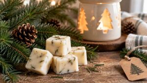 Four cube-shaped wax melts with herbs are on a rustic wooden table beside pine branches, cones, and a lit ceramic holder with tree cutouts. A kraft paper tag with a tree drawing lies nearby.