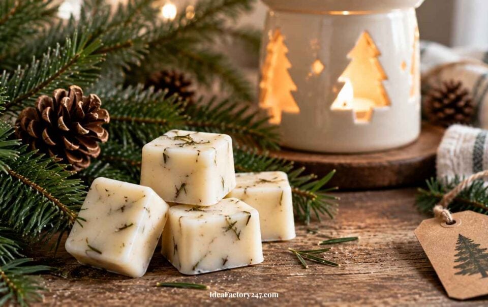 Four cube-shaped wax melts with herbs are on a rustic wooden table beside pine branches, cones, and a lit ceramic holder with tree cutouts. A kraft paper tag with a tree drawing lies nearby.