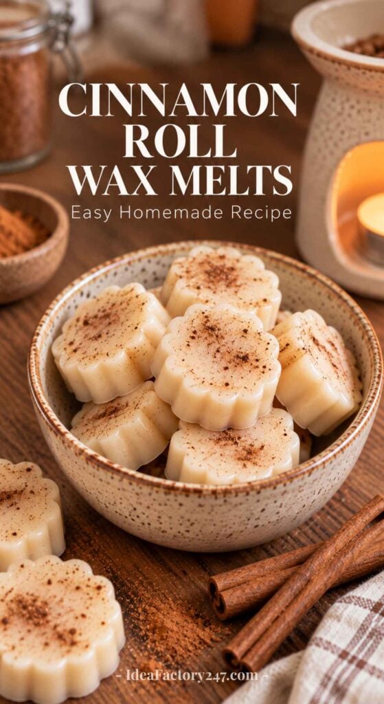 A bowl of flower-shaped cinnamon roll wax melts sits on a table with cinnamon sticks, spices, and a lit wax warmer in the background. The text reads Cinnamon Roll Wax Melts – Easy Homemade Recipe, perfect for anyone seeking creative DIY Wax Melts Recipes.