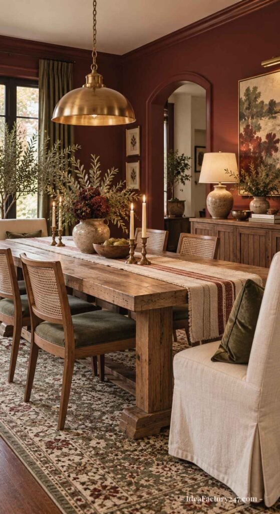 A rustic dining room with a wooden table, six chairs, a brass pendant light, candles, potted plants, and earth-toned decor. The walls are deep red, and an ornate rug covers the floor.