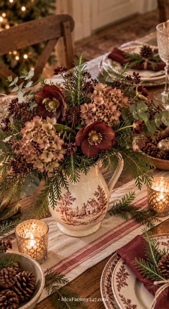 A festive table setting with a floral arrangement in a patterned jug, surrounded by pinecones, candles, red napkins, and holiday-themed plates, creating a cozy, rustic atmosphere.