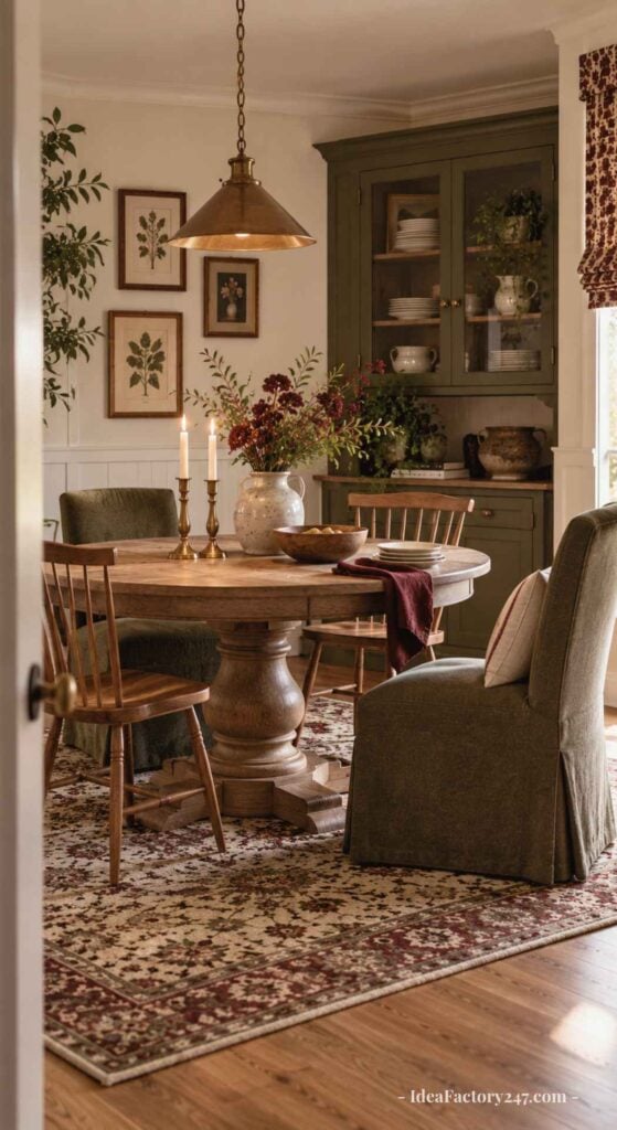 A cozy dining room with a round wooden table, four chairs, two lit candles, a floral rug, green cabinet, plants, and framed botanical art on the walls. Warm lighting creates an inviting atmosphere.