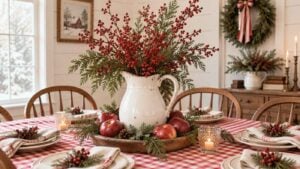 A festive dining table with a red and white checkered tablecloth, a white pitcher filled with greenery and red berries, pomegranates, candles, and neatly folded napkins—perfect inspiration for Cottagecore Christmas Centerpiece Ideas. A wreath hangs on the wall in the background, adding to the charming holiday ambiance.