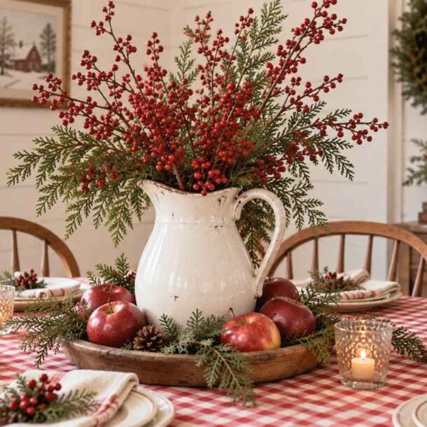 A festive dining table with a red and white checkered tablecloth, a white pitcher filled with greenery and red berries, pomegranates, candles, and neatly folded napkins—perfect inspiration for Cottagecore Christmas Centerpiece Ideas. A wreath hangs on the wall in the background, adding to the charming holiday ambiance.