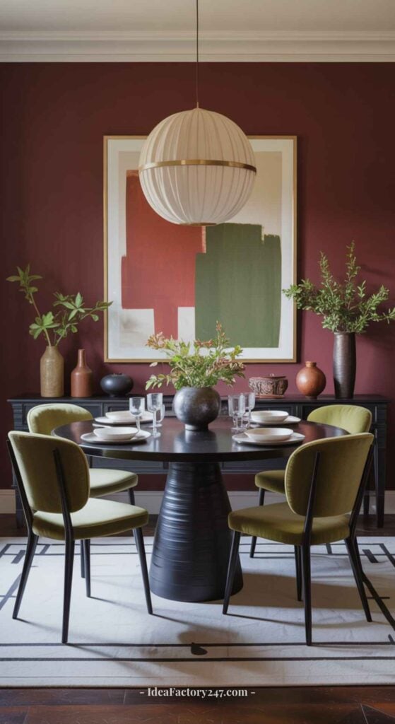 Contemporary dining room with a round black table, four green chairs, decorative vases, and leafy plants. Large abstract art and a globe pendant light hang above against a dark red accent wall.