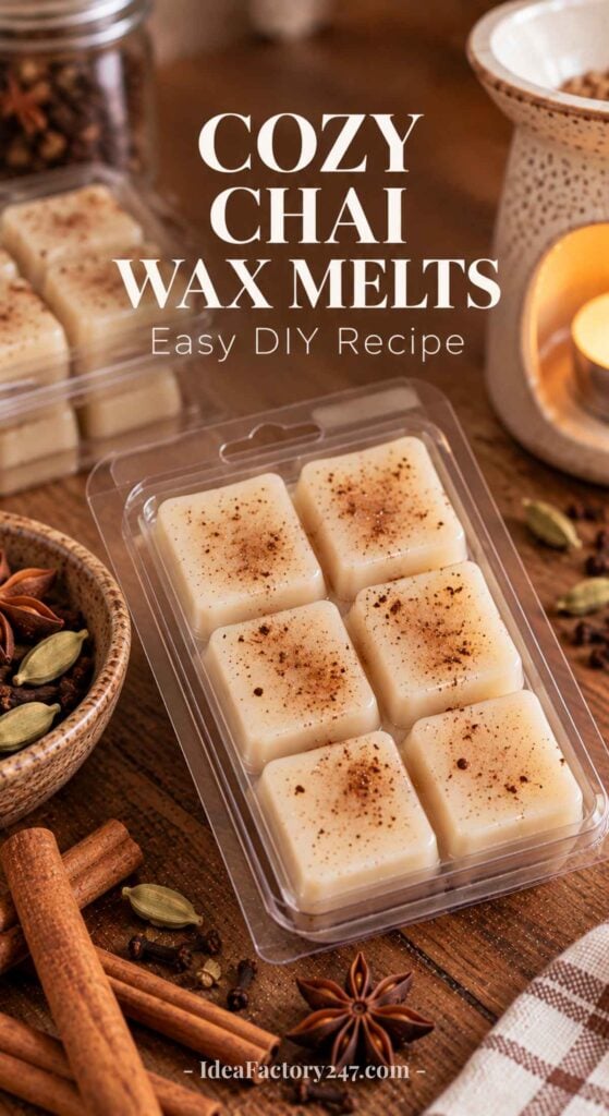 A tray of chai-scented wax melts on a wooden table with spices, a candle warmer, and cinnamon sticks, with text reading Cozy Chai Wax Melts Easy DIY Recipe—perfect for anyone searching for inspiring DIY Wax Melts Recipes.