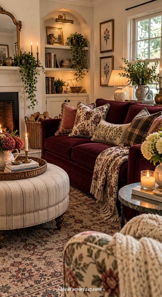 Cozy living room with a red velvet sofa, floral pillows, candles, plants, bookshelves, a round ottoman, patterned rug, and soft lighting creating a warm, inviting atmosphere.